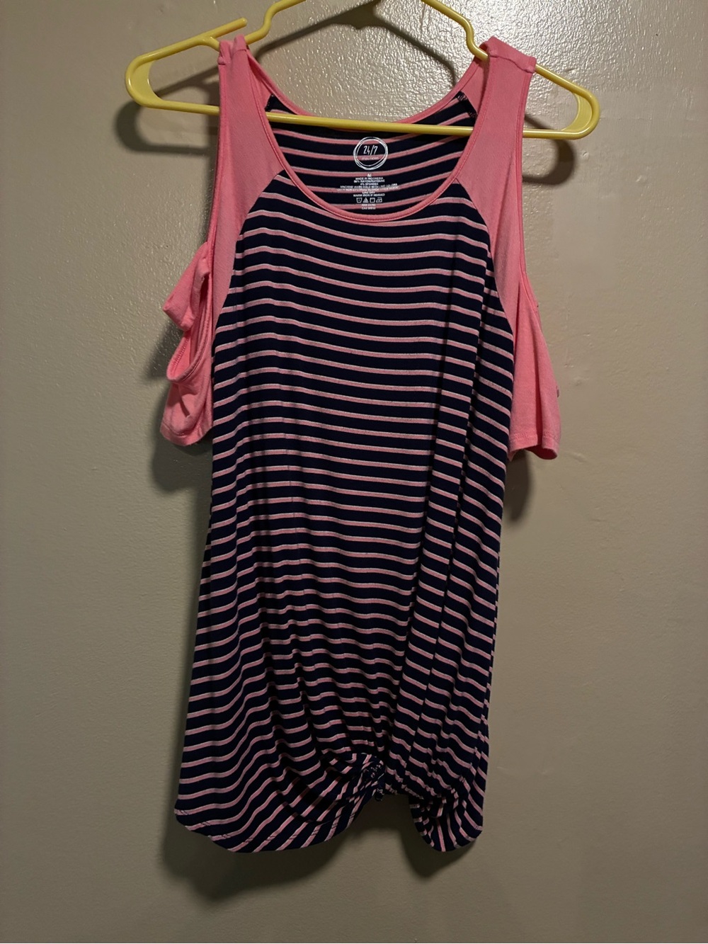 Maurices Pink and Navy Striped Cold-Shoulder Knot Hem Top